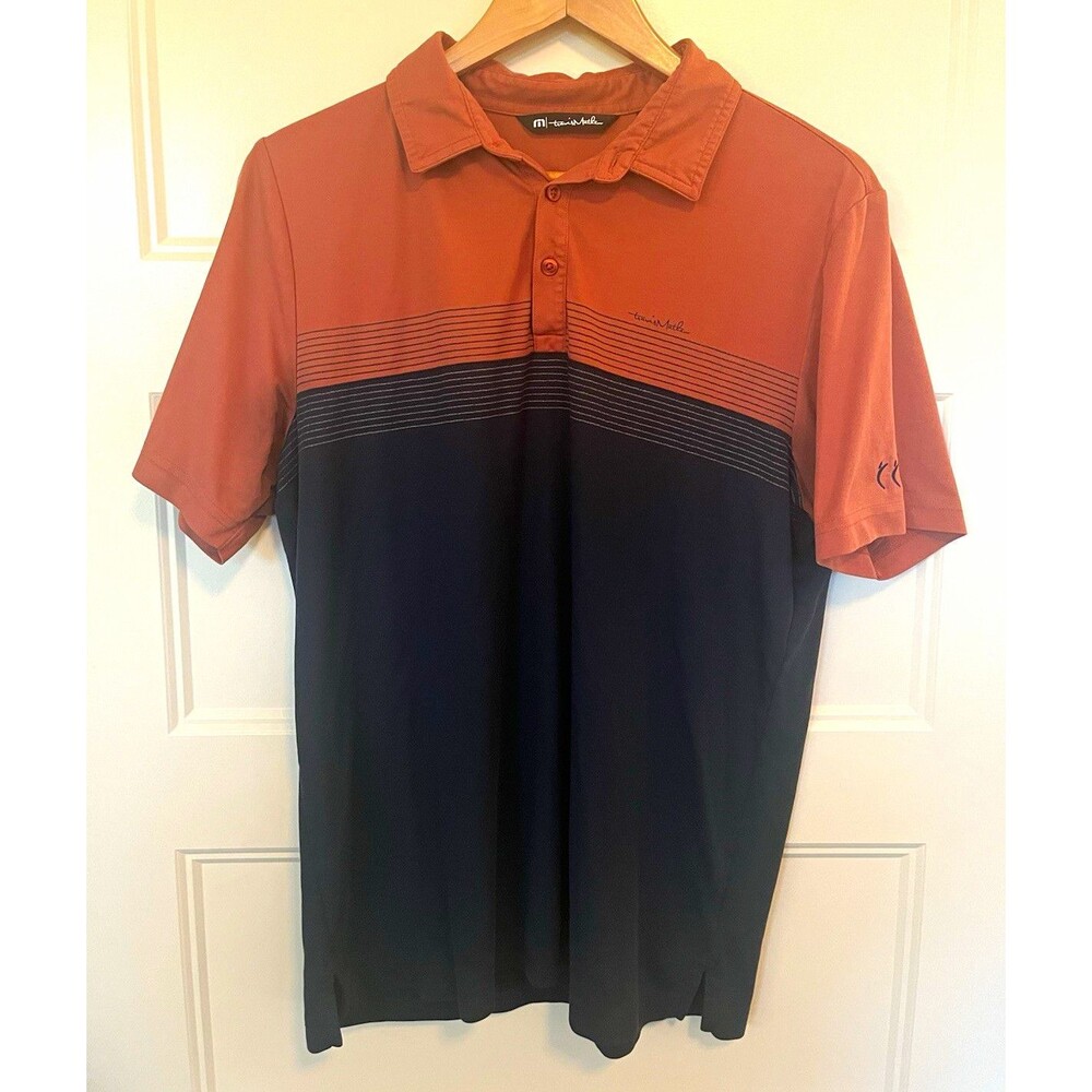 TravisMathew Men’s L Brown/Black Colorblock Short Sleeve Button Collar Polo Logo